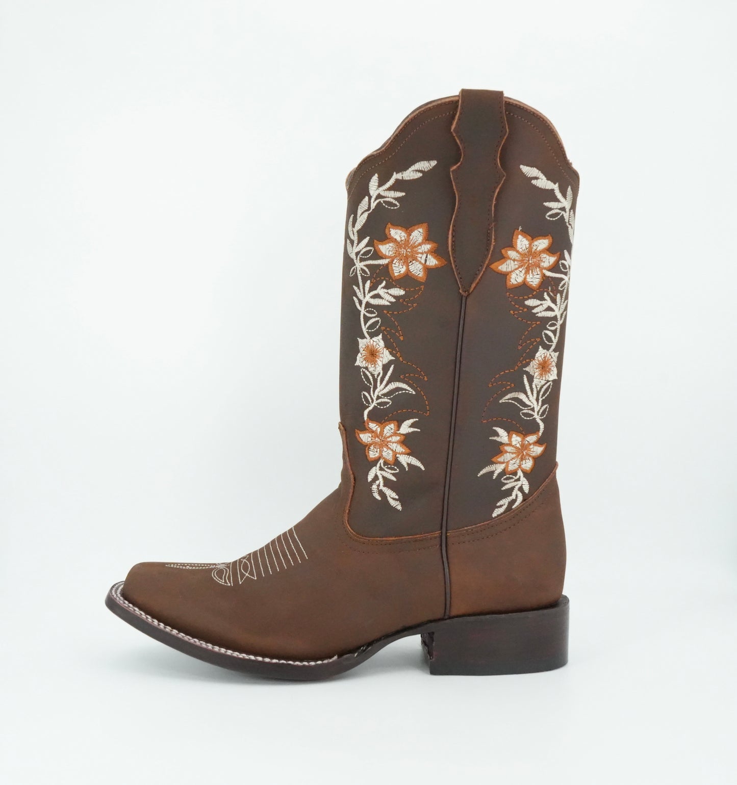 La Sierra Women's Zipper Floral Rust Stitch Square Toe Boot - Brown