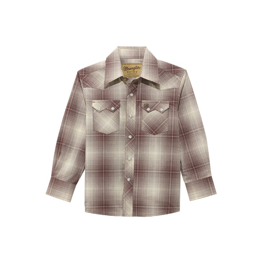 Boy's Wrangler Retro Plaid Western Long Sleeve Button Down Shirt - Mahogany