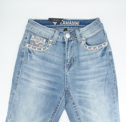 Lamasini Women’s Floral Stud Bling Pocket Light Blue Bootcut Jean