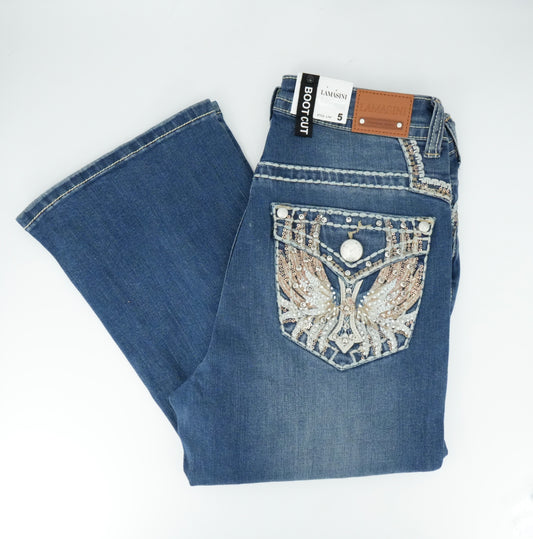 Lamasini Women's Bling Wing Pocket Bootcut Jean Medium Blue
