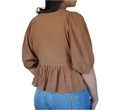 Blue B Women's Embroidered Peplum Blouse - Brown