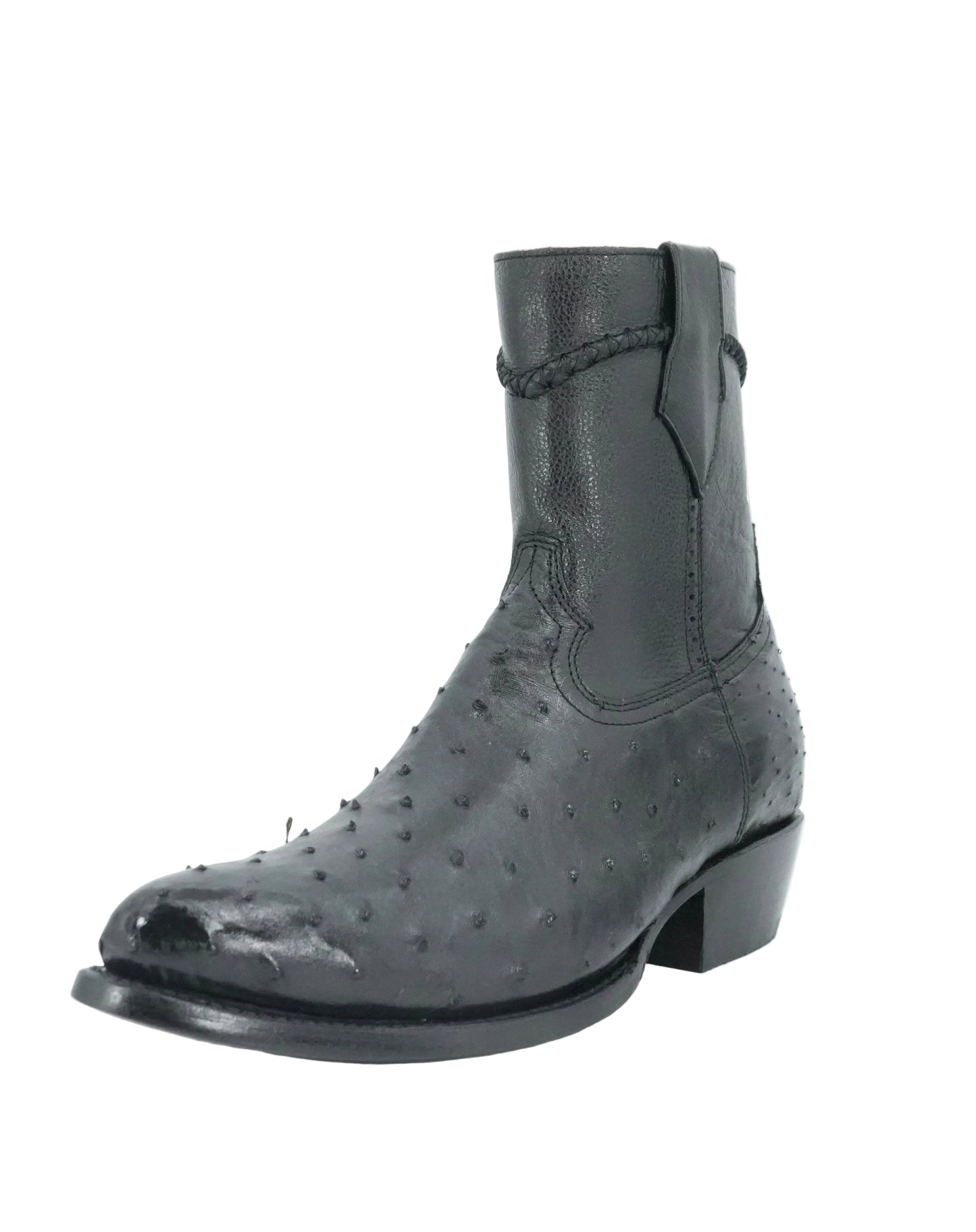 White Diamond Men's Exotic Zip Ostrich Round Toe Short Boot - Black