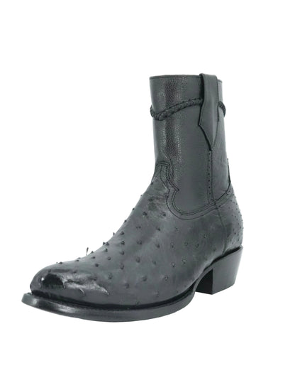 White Diamond Men's Exotic Zip Ostrich Round Toe Short Boot - Black