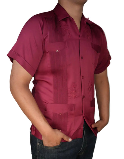 Copacabana Men's Short Sleeve Polyester Guayabera - Burgundy