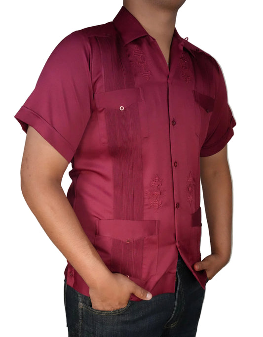 Copacabana Men's Short Sleeve Polyester Guayabera - Burgundy