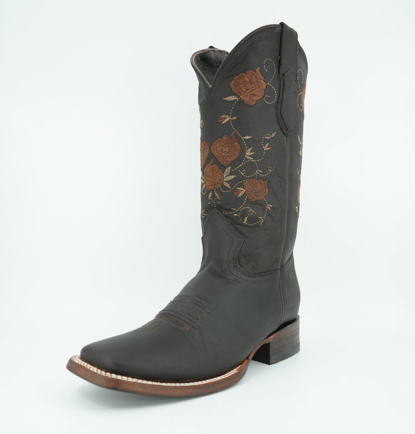 Vaquero Signature Women’s Brown Grasso Flowers Wide Square Toe Boot