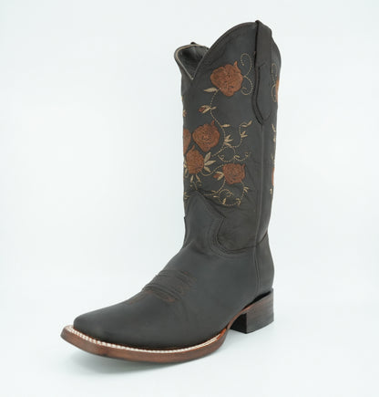 Vaquero Signature Women’s Brown Grasso Flowers Wide Square Toe Boot