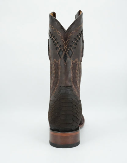 Hooch Men's Nobuck Chocolate Python Print Wide Square Toe Boot