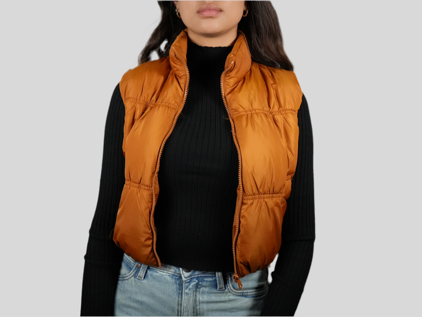 Blashe Cropped Zip Up Cognac Puffer Vest