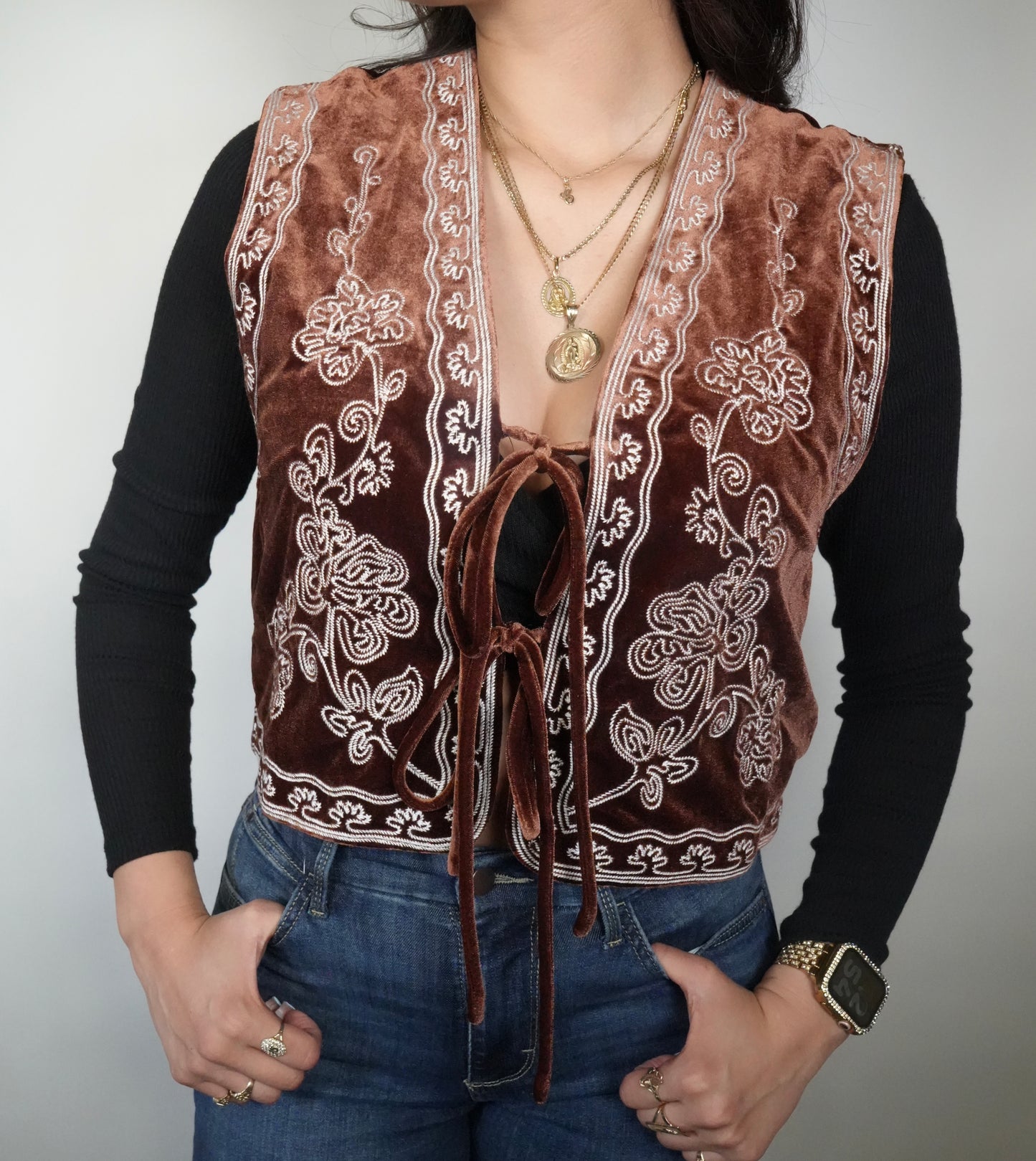 Blue B Women's Embroidered Velvet Western Vest - Brown