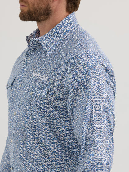 Wrangler Men's Logo Print Blue/White Diamond Long Sleeve Snap Button Shirt