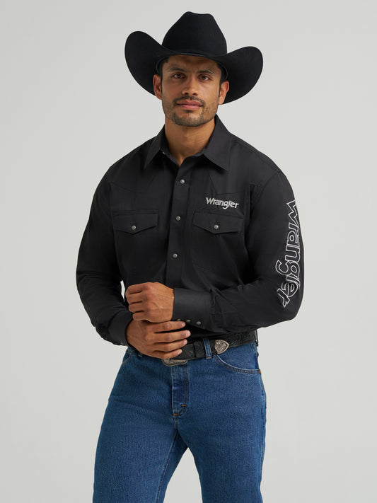 Wrangler Logo Black Long Sleeve Classic Fit Button Down Shirt