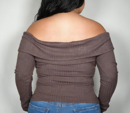 Ijoah Women's Foldover Off Shoulder Long Sleeve Top - Brown