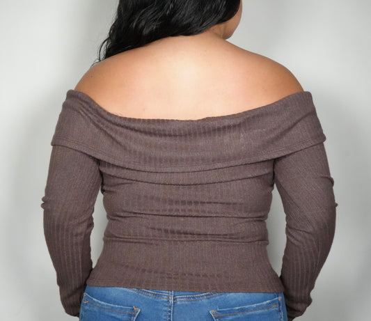 Ijoah Women's Foldover Off Shoulder Long Sleeve Top - Brown