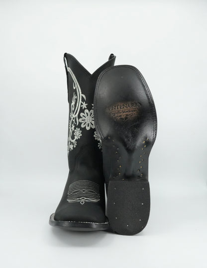 Centenario Women's Black Floral Embroidered Wide Square Toe Boot