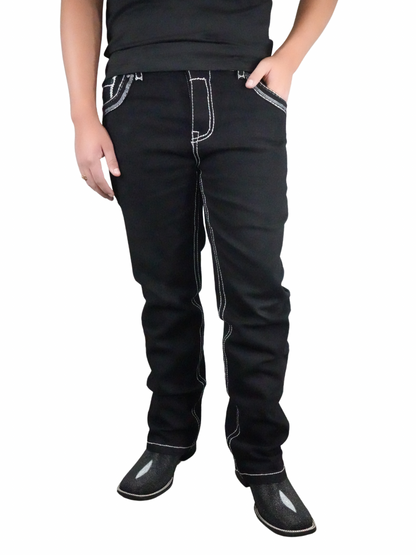 Centenario Men's Embroidered Pocket Slim Bootcut Jean Black