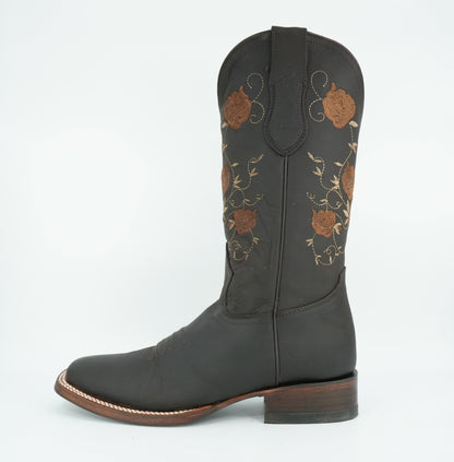 Vaquero Signature Women’s Brown Grasso Flowers Wide Square Toe Boot