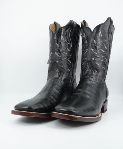 Golden Boots Men's Alligator Print Black Wide Square Toe Boot