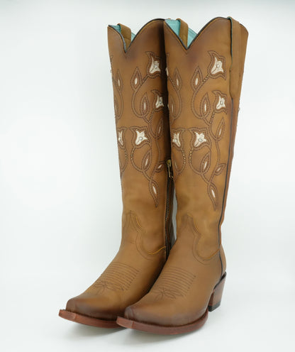 Quincy Women's Floral Tall Crazy Tan Snip Toe Boot