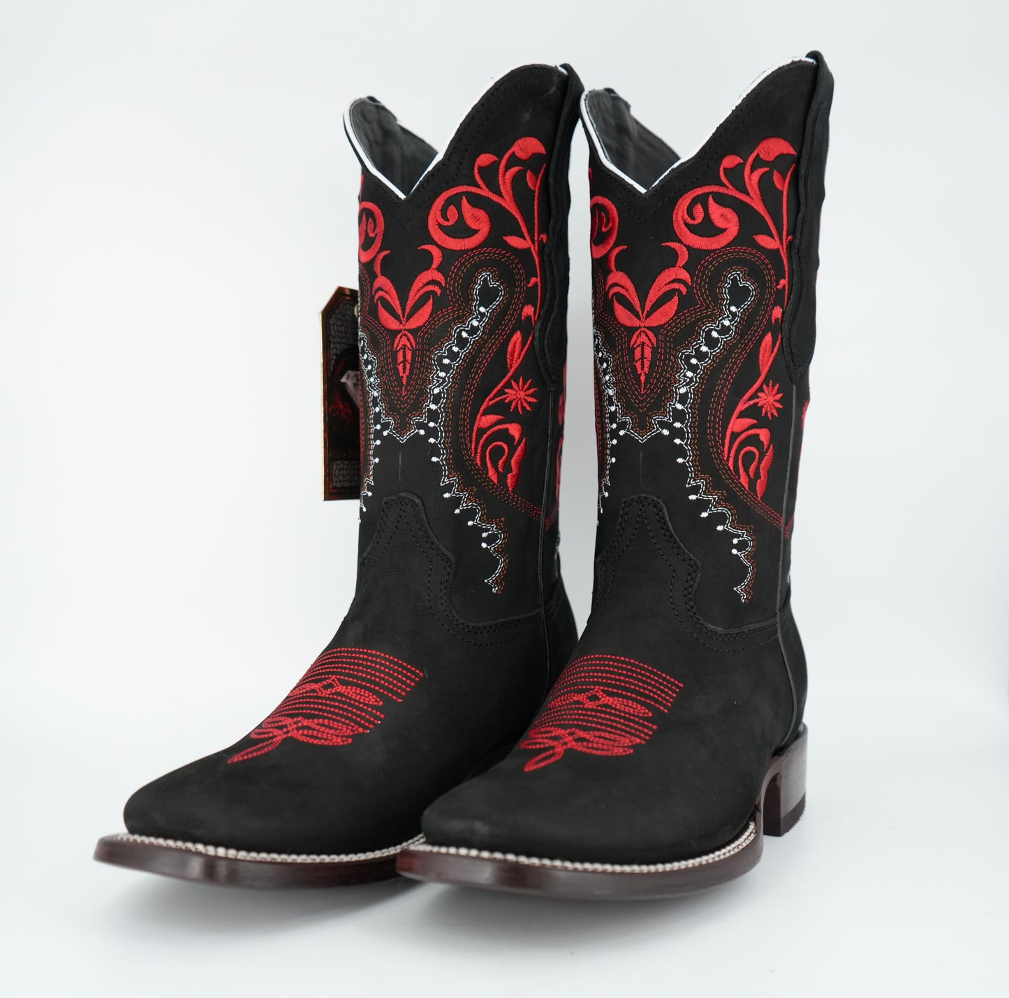 White Diamond Women's Nobuck Black Red Square Toe Boot