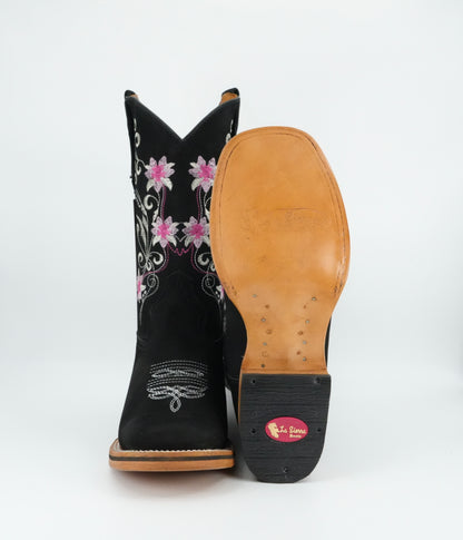 La Sierra Women's Nobuck Floral Pink Stitch Square Toe Boot - Black