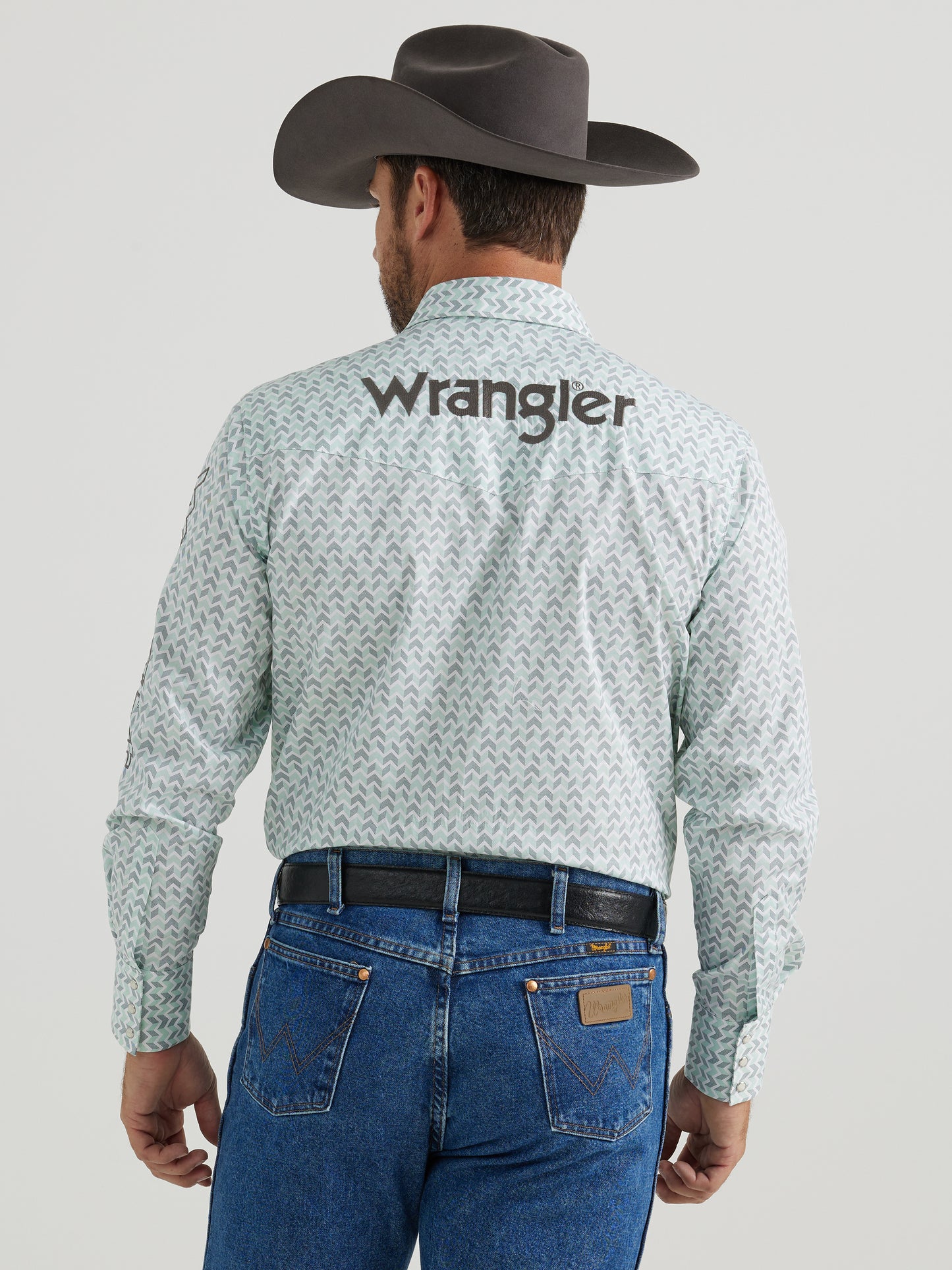 Wrangler Men's Logo Long Sleeve Western Snap Shirt Aqua Print