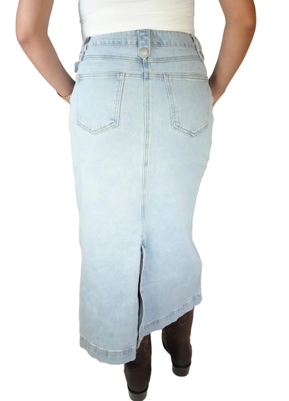 Blue B Women’s Denim Midi Skirt With Belt- Light Blue