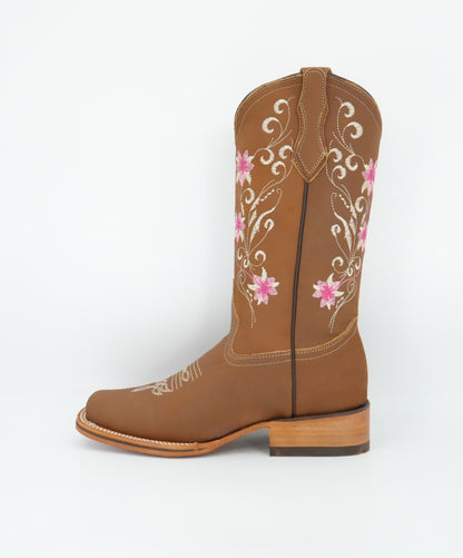 La Sierra Women's Leather Floral Pink Stitch Square Toe Boot - Tang