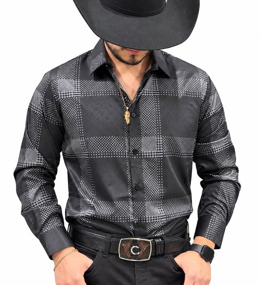 Montero Men's Checkered Print Long Sleeve Button Down - Black