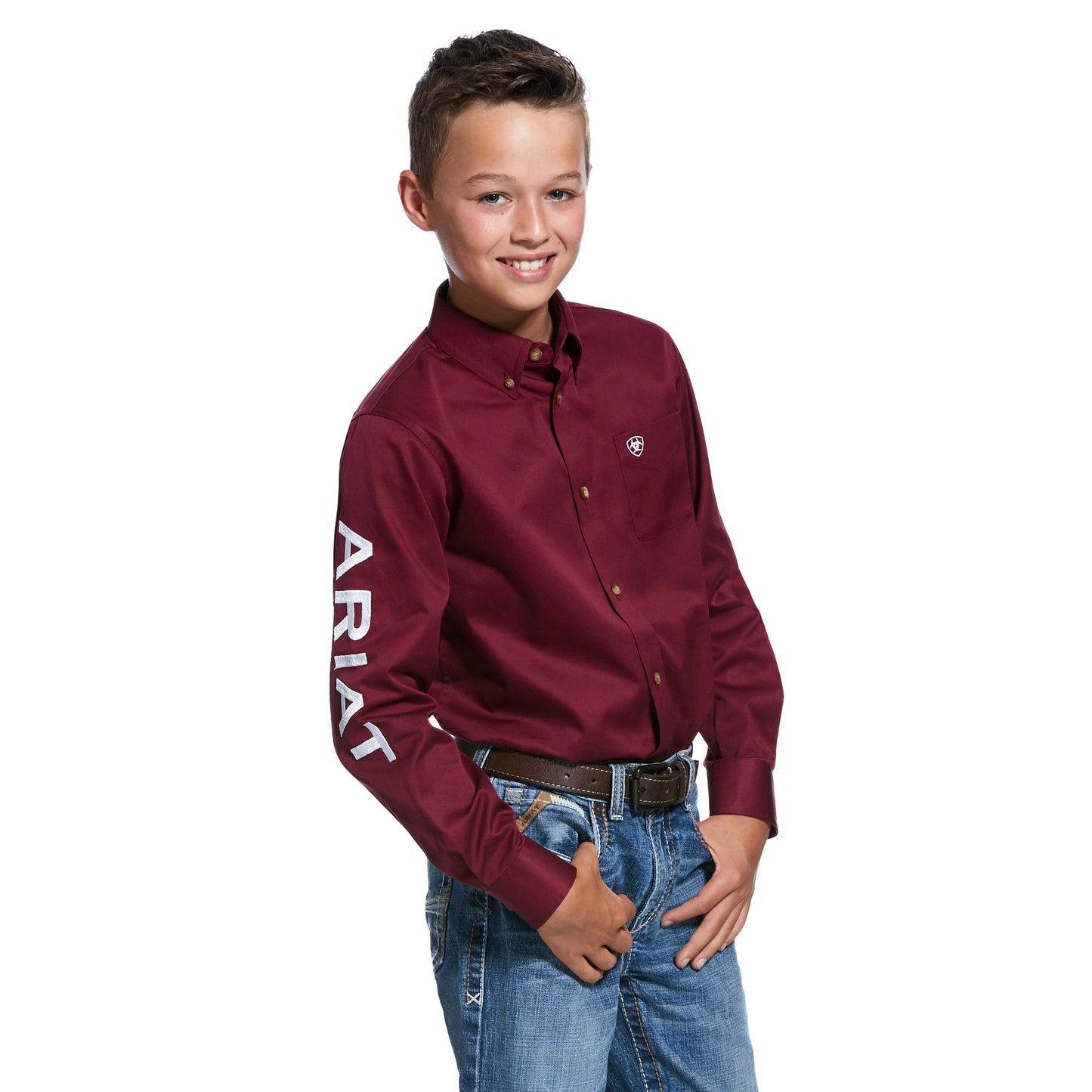 Ariat Boy's Team Logo Twill Classic Fit Shirt - Burgundy