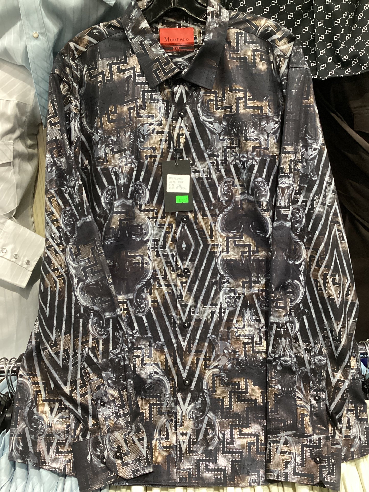 Montero Men's Black/Gold Print Button Down Shirt