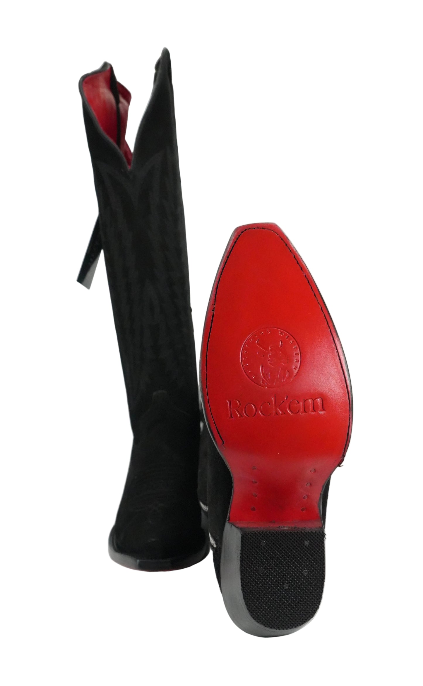 Rock'em Women's Gia Suede Tall Wide Calf Snip Toe Boot - Black Red Bottom