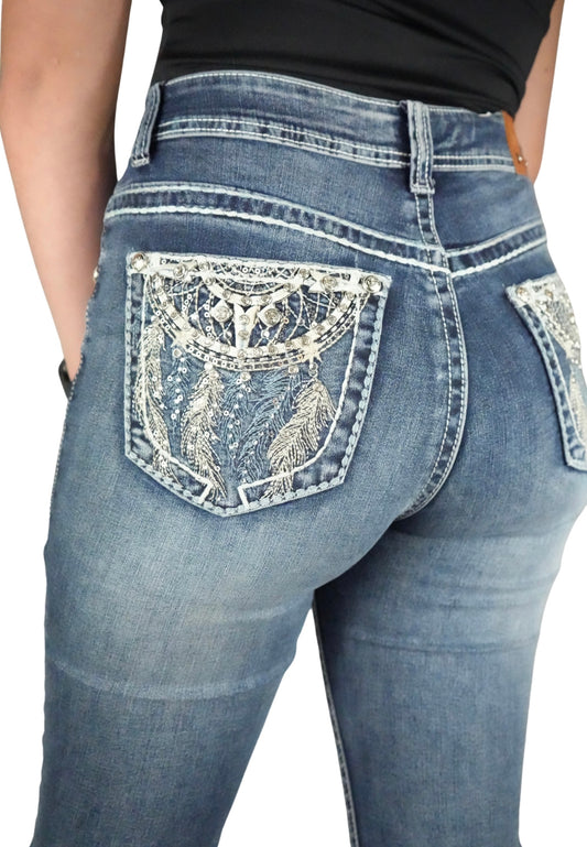 Lamasini Women's Bling Dream Catcher Bootcut Jean Dark Blue