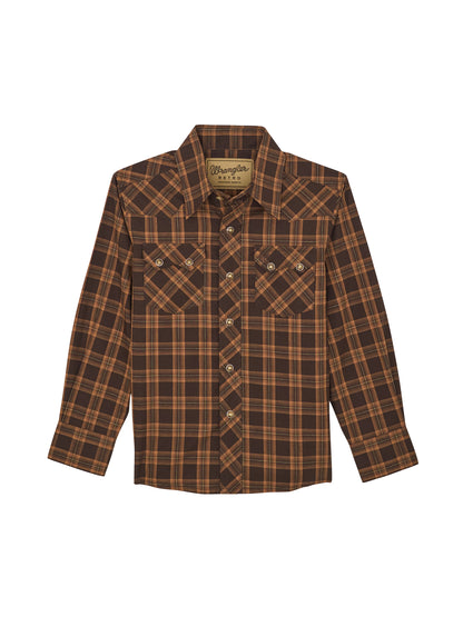 Boy's Wrangler Retro Brown Plaid Western Long Sleeve Button Down Shirt
