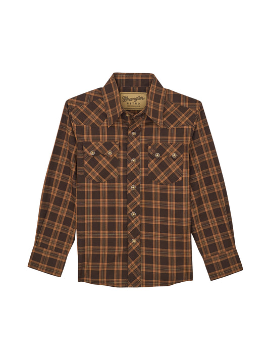Boy's Wrangler Retro Brown Plaid Western Long Sleeve Button Down Shirt