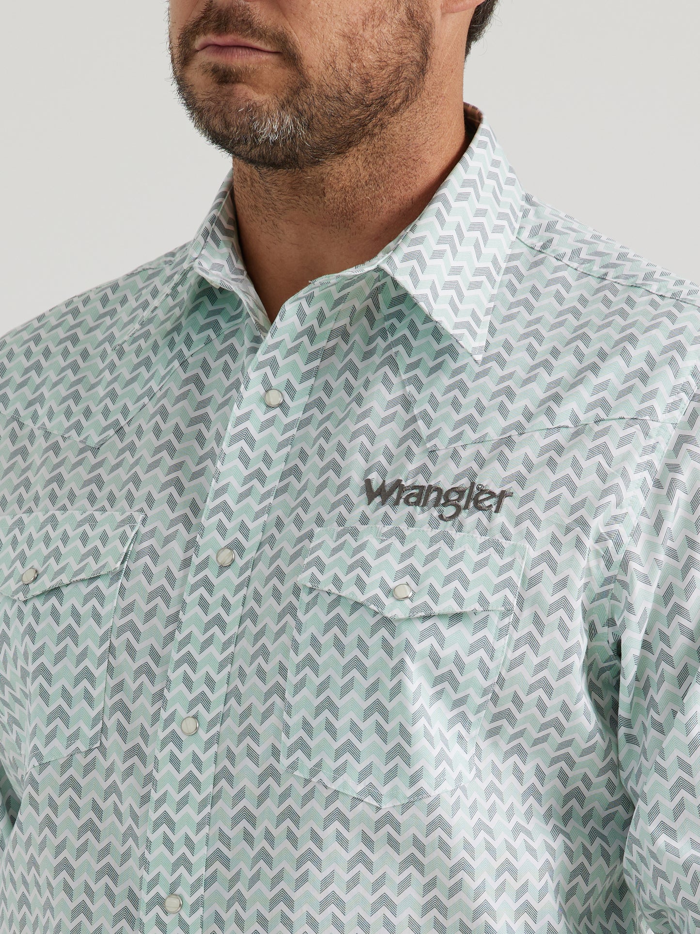 Wrangler Men's Logo Long Sleeve Western Snap Shirt Aqua Print