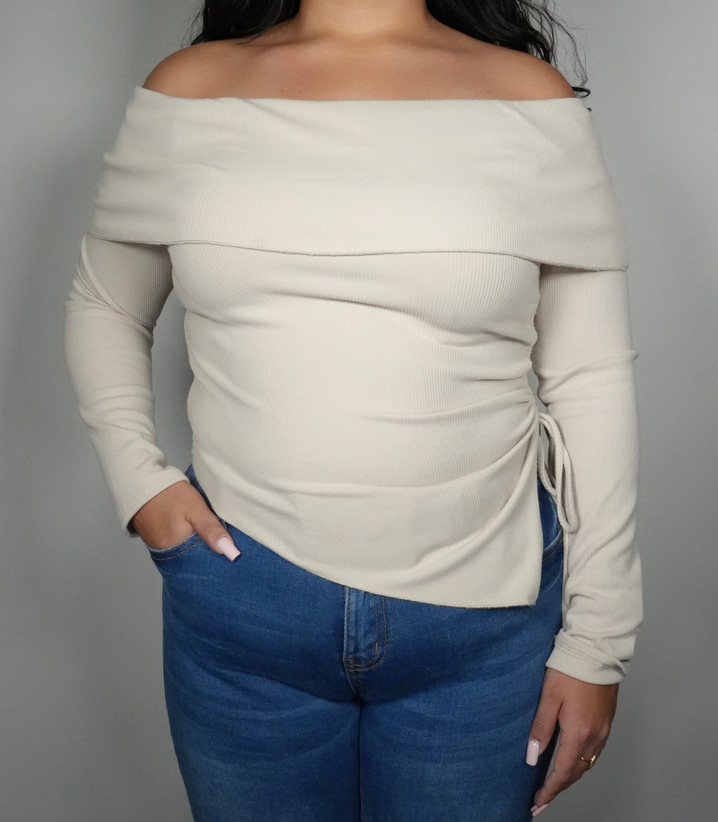 Ijoah Women's Foldover Asymmetric Long Sleeve Top - Nude