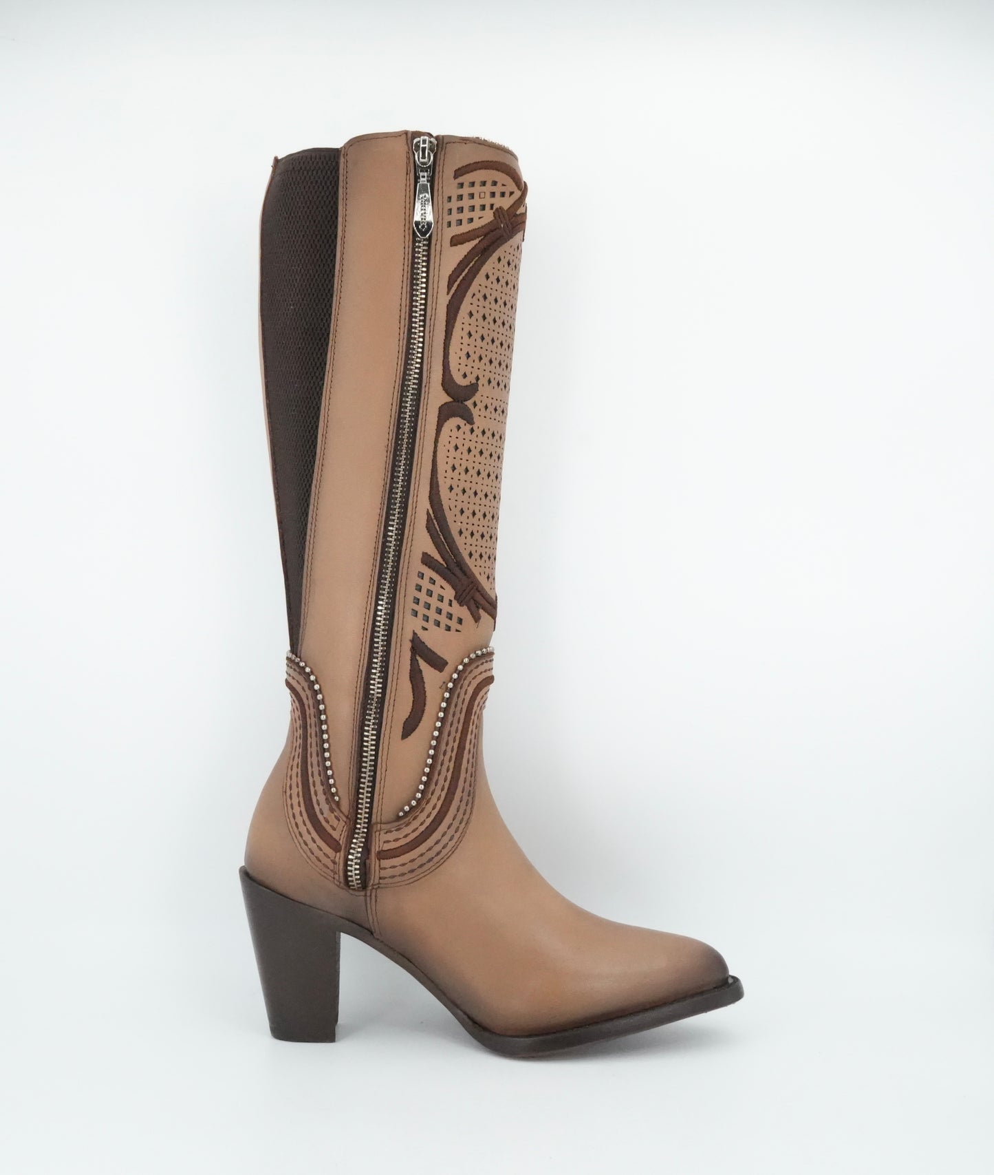 Cuadra Women's LD Almond Laser & Embroidery & Studs & Zipper Soho Arena Tall Boot