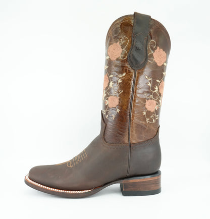 Vaquero Signature Women’s Brown Grasso Flowers Wide Square Toe Boot