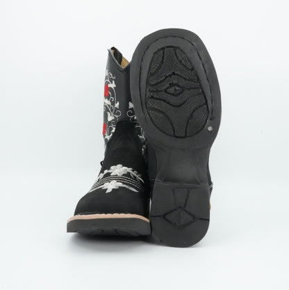 A&A Kid's Black Nobuck Red Flowers Boot