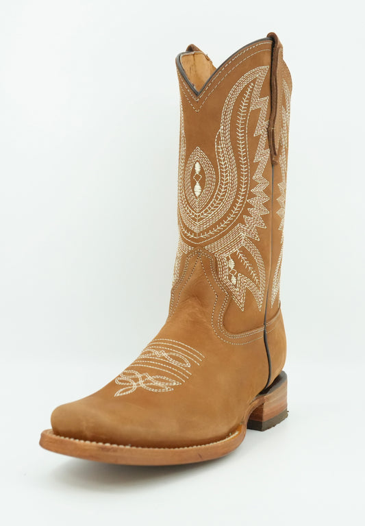 La Sierra Women's Camel Embroidered Feathers Square Toe Boot