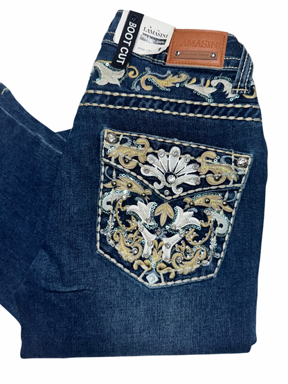 Lamasini Blue Bling Floral Pocket Bootcut Jean