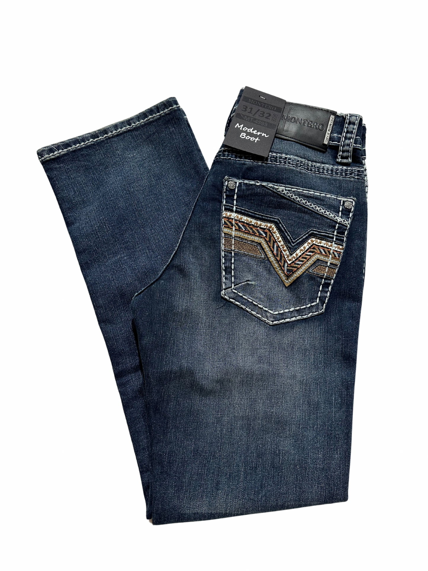 Montero Denim V Stitched Pocket Medium Blue Modern Boot Jean