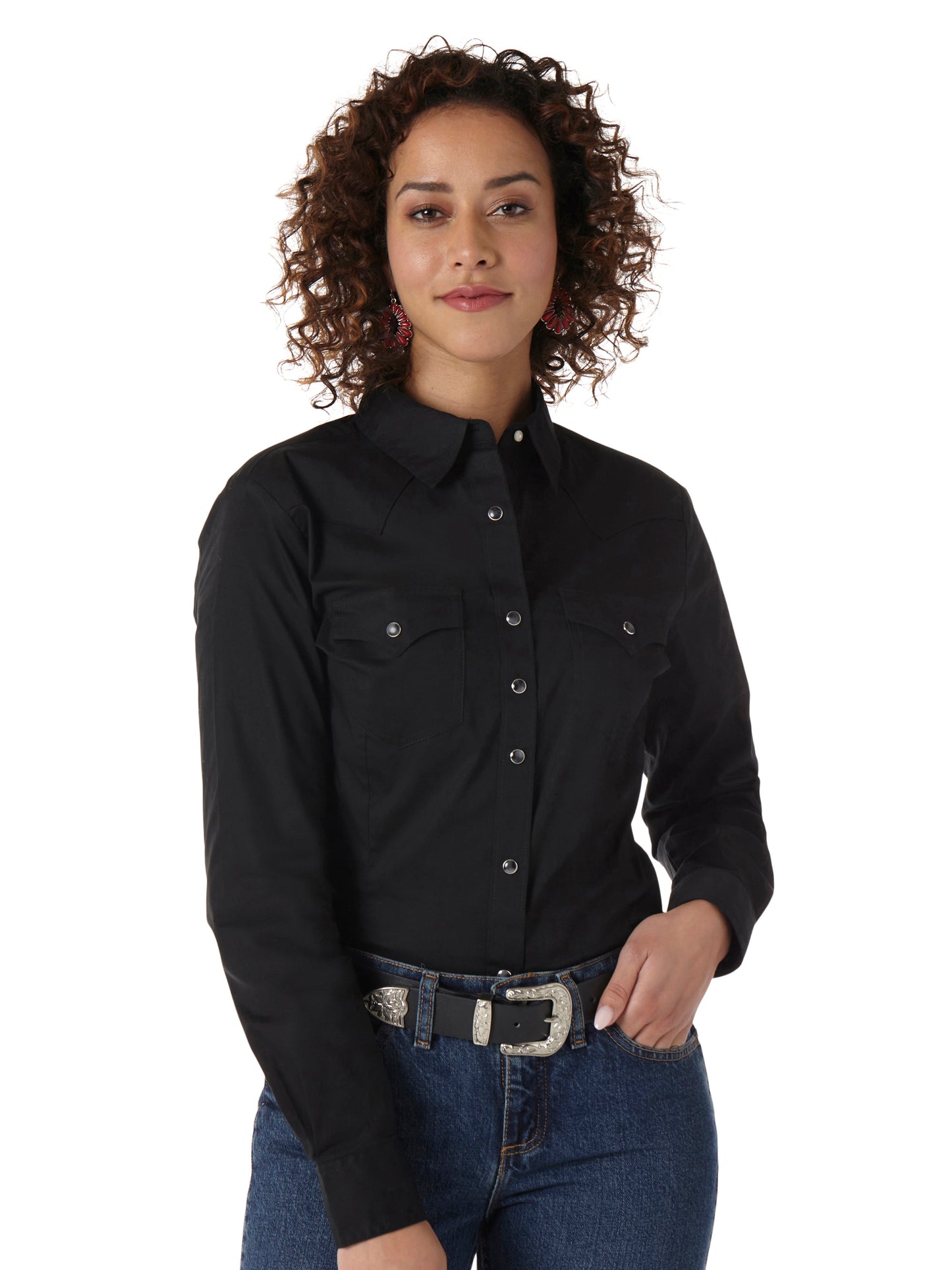 Wrangler Western Long Sleeve Solid Top - Black