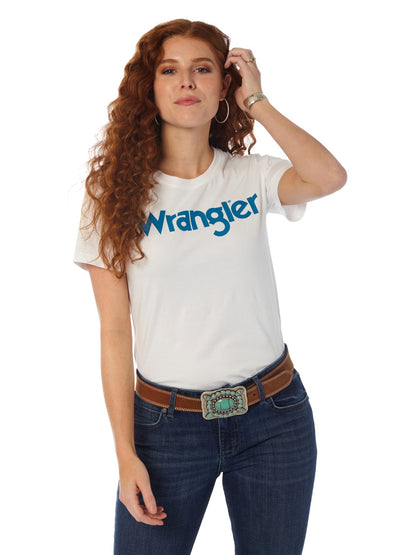 Camiseta blanca de corte slim y manga corta con logo de Wrangler