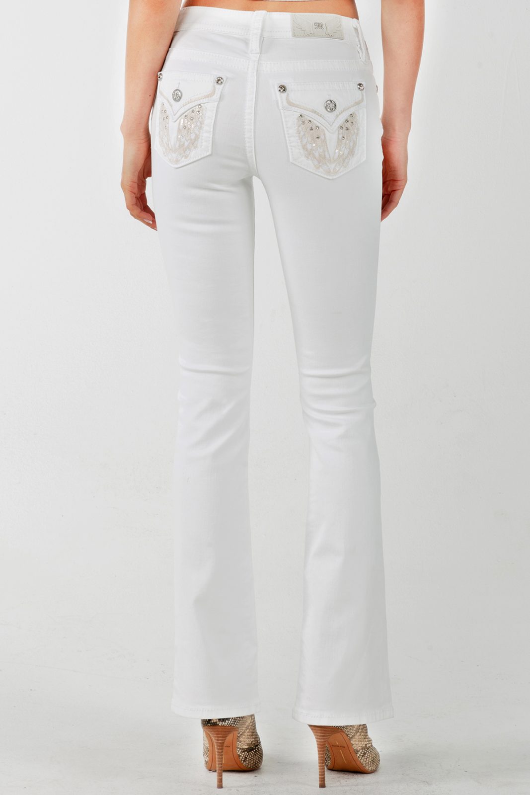 Miss Me White Blinged Winged Mid Rise Bootcut Jean