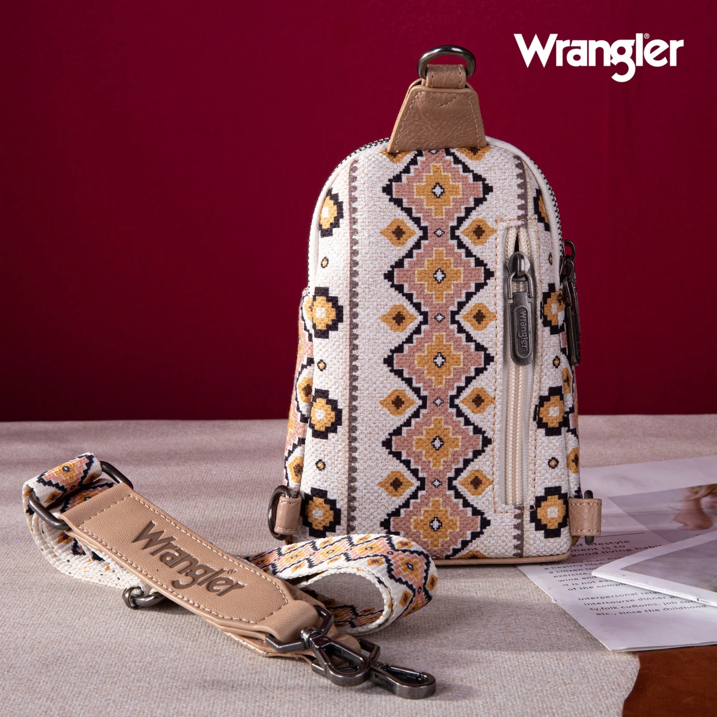 Wrangler Aztec Print Crossbody Sling Chest Bag Tan