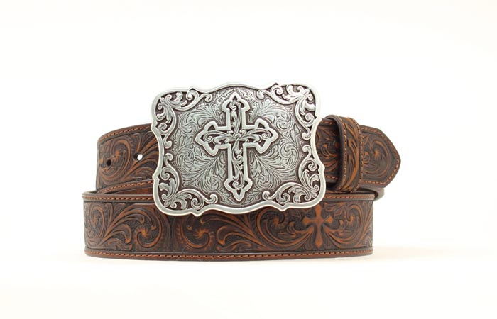 Nocona Brown Floral Embroidery Cross Buckle Belt