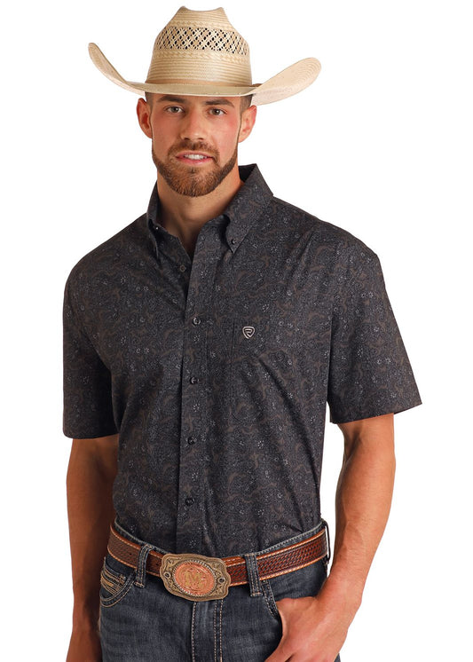 Rock&Roll Denim Paisley Print Classic Fit Short Sleeve Button Down Shirt