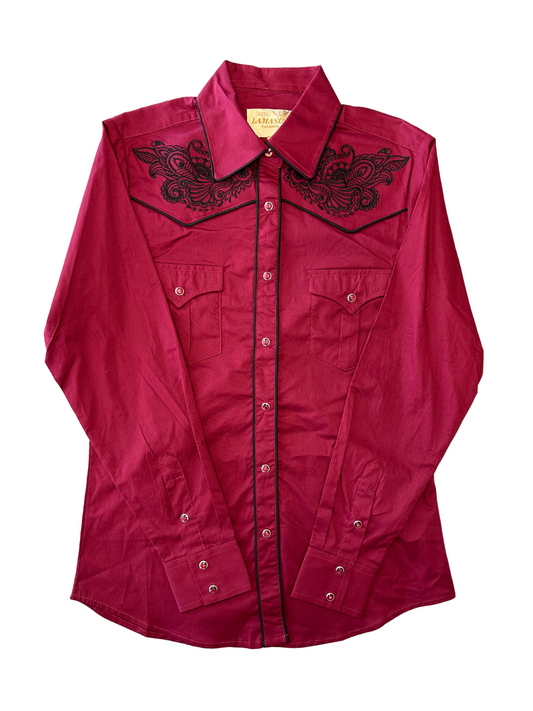 Women's Floral Embroided Button Down Shirt - Burgundy